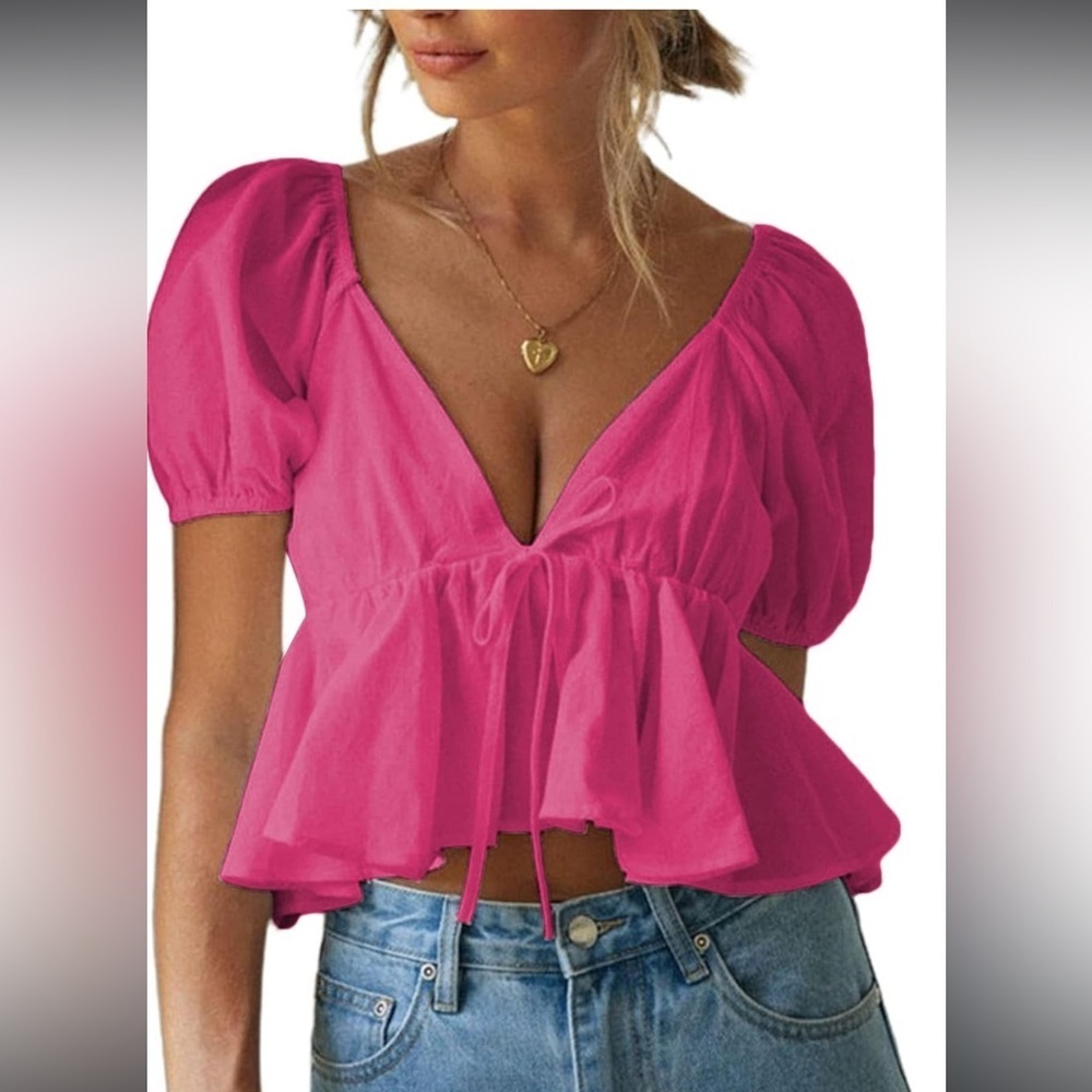 REMIDOO Women's Cream Puff Sleeve Ruffle Hem Peplum Crop Top Blouse  Size L